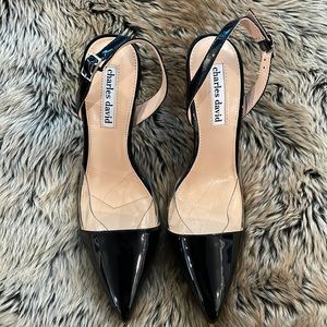 Charles David Style Daryl Black Patent Leather and clear toe area. Size 6